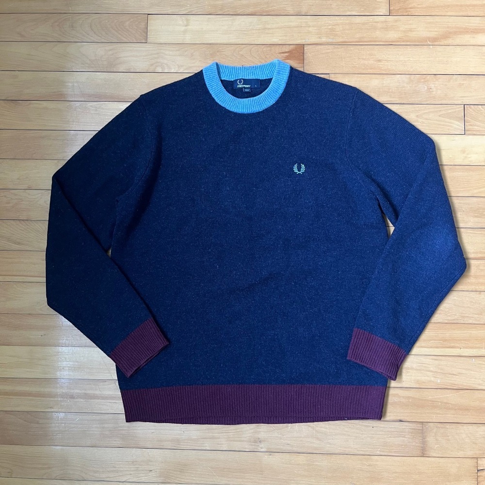 Fred Perry Mens 100% Wool Crew Neck Sweater Navy Blue Burgundy